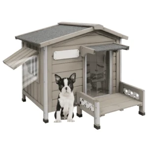Gowoodhut PET66 Outdoor Dog House with Porch, Anti-Chewing Iron Frame Wooden Dog Kennel