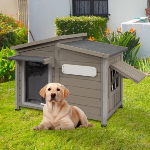 Gowoodhut PET68 Dog House Outdoor, Large Wooden Dog Kennel Indoor with Chew-Proof Iron Frame