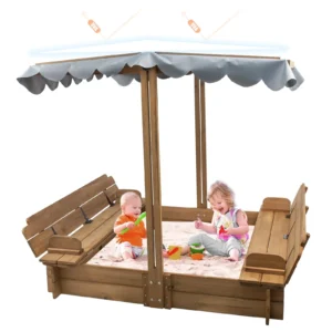 Gowoodhut GF03 Wooden Sandbox with Lid, Kids Sandbox with Cover Outdoor, Sandbox with 2 Foldable Bench Seats for Backyard