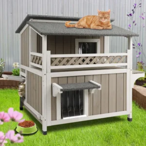 Gowoodhut PET14 Cat House Two-Story Wooden Feral Cat Shelter with Balcony for Indoor & Outdoor